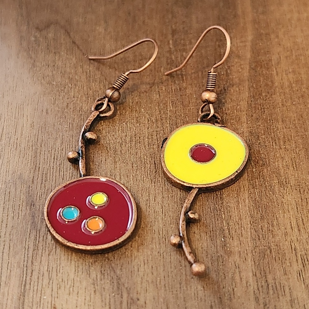 Mismatched Enamel Drop Earrings Copper Tone‎ Botanical Abstract Red Yellow 2in